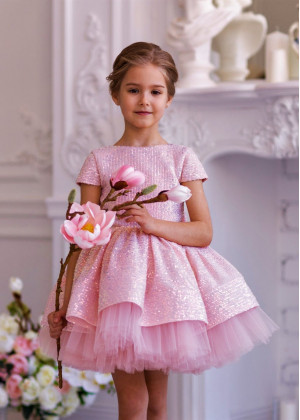 Cap Sleeves Pink Sequin Tulle V Back Flower Girl Dress